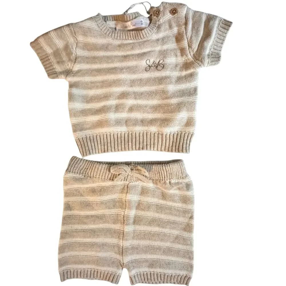 Stitch & Bean Baby Crewneck Sweater White Stripe Shorts Sweater Set Sz 0-3 NWT